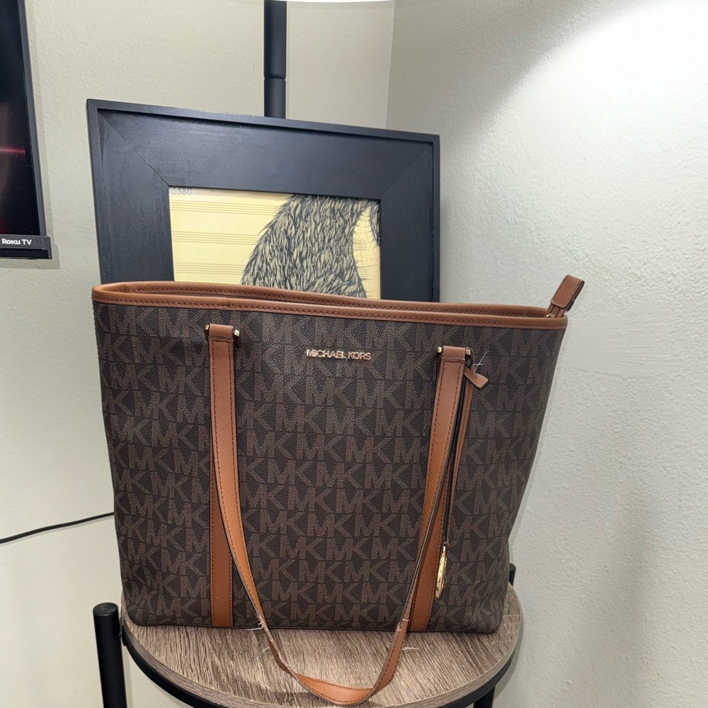 Michael Kors Signature Brown Tote with Tan Straps